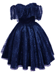 Lovely Navy Blue Lace Short Off Shoulder Prom Dress, Navy Blue Lace Homecoming Dresses