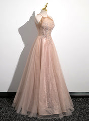 Lovely Pearl Pink Halter Tulle with Lace Applique Party Dress, A-line Tulle Long Prom Dress