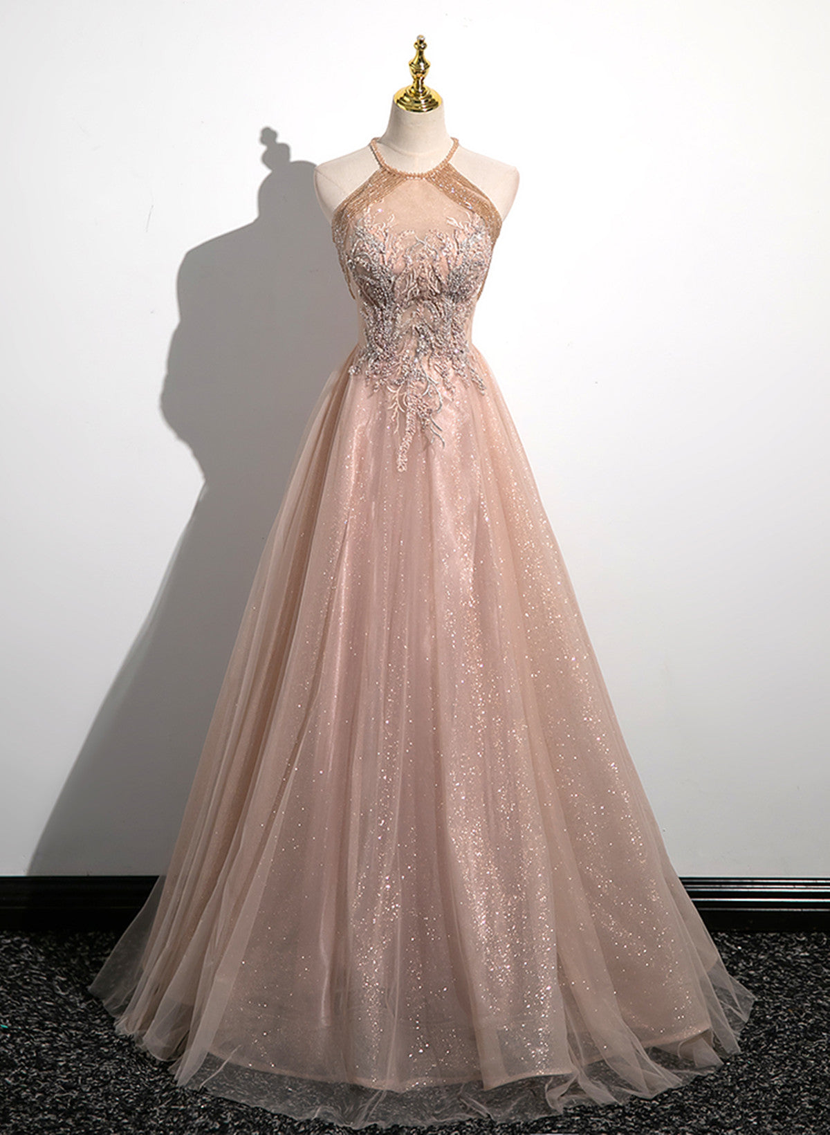 Lovely Pearl Pink Halter Tulle with Lace Applique Party Dress, A-line Tulle Long Prom Dress