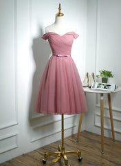 Lovely Pink Off Shoulder Knee Length Party Dress, Pink Prom Dress
