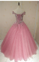 Lovely Pink Tulle Off Shoulder Sweet 16 Party Dress, Long Formal Gown