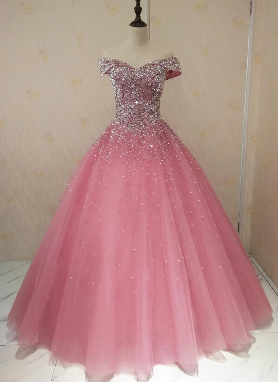 Lovely Pink Tulle Off Shoulder Sweet 16 Party Dress, Long Formal Gown