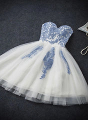Lovely White Tulle Party Dress with Blue Applique, Homecoming Dress