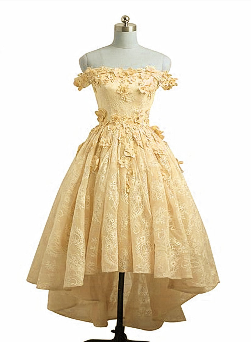 Lovely Yellow Off Shoulder Lace High Low Party Dress, Yellow Formal Dress