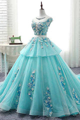 Lovey Blue Layers Ball Gown Tulle with Flowers Sweet 16 Gown, Blue Formal Dresses