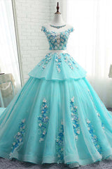Lovey Blue Layers Ball Gown Tulle with Flowers Sweet 16 Gown, Blue Formal Dresses