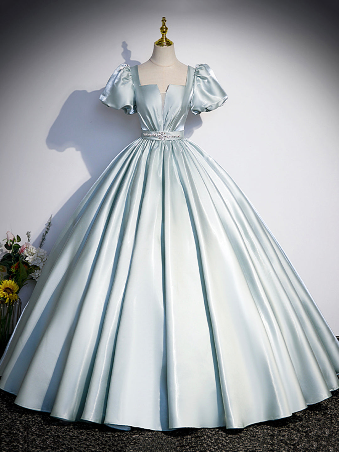 Beautiful Satin Floor Length Prom Dress, A-Line Short Sleeve Evening Party Dress