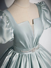 Beautiful Satin Floor Length Prom Dress, A-Line Short Sleeve Evening Party Dress