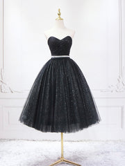 Black Shiny Tulle Tea Length Prom Dress, Black Strapless A-Line Party Dress