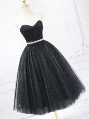 Black Shiny Tulle Tea Length Prom Dress, Black Strapless A-Line Party Dress