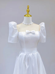 White Satin Short Sleeve Floor Length Prom Dress, White A-Line Party Dress