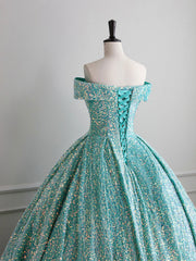 Sparkly Sequin Off the Shoulder Prom Dress, A-line Floor Length Evening Dress