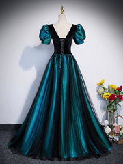 Unique Black Velvet and Tulle Long Prom Dress, A-Line Short Sleeve Evening Party Dress