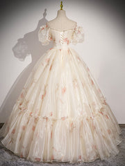 Champagne Floral Tulle Long Prom Dress, Beautiful Short Sleeve A-Line Evening Party Dress