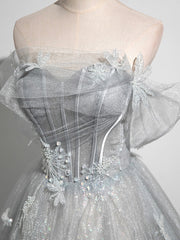 A-Line Off the Shoulder Sparkly Prom Dress, Gray Tulle Corset Floor Length Evening Dress