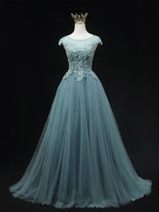 Blue Scoop Neckline Tulle Lace Long Prom Dress, Beautiful Lace Formal Evening Dress