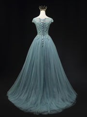 Blue Scoop Neckline Tulle Lace Long Prom Dress, Beautiful Lace Formal Evening Dress