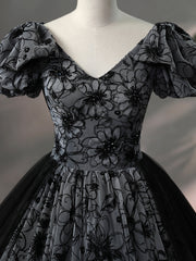 Beautiful Black Rhinestone Flower Prom Dress, Black V-Neck Short Sleeve Evening Dress