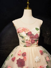 Champagne Scoop Neck Short Prom Dress with Flowers, Cute A-Line Party Dress