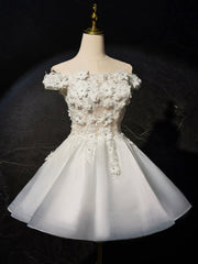White Flowers Lace Short Prom Dress, Lovely A-Line Evening Party Dress