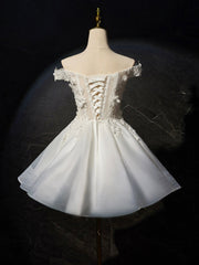 White Flowers Lace Short Prom Dress, Lovely A-Line Evening Party Dress