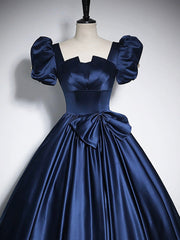 Elegant Blue Satin Floor-Length Prom Dresses, Square Neckline Puffy Short Sleeve Bow Formal Dresses