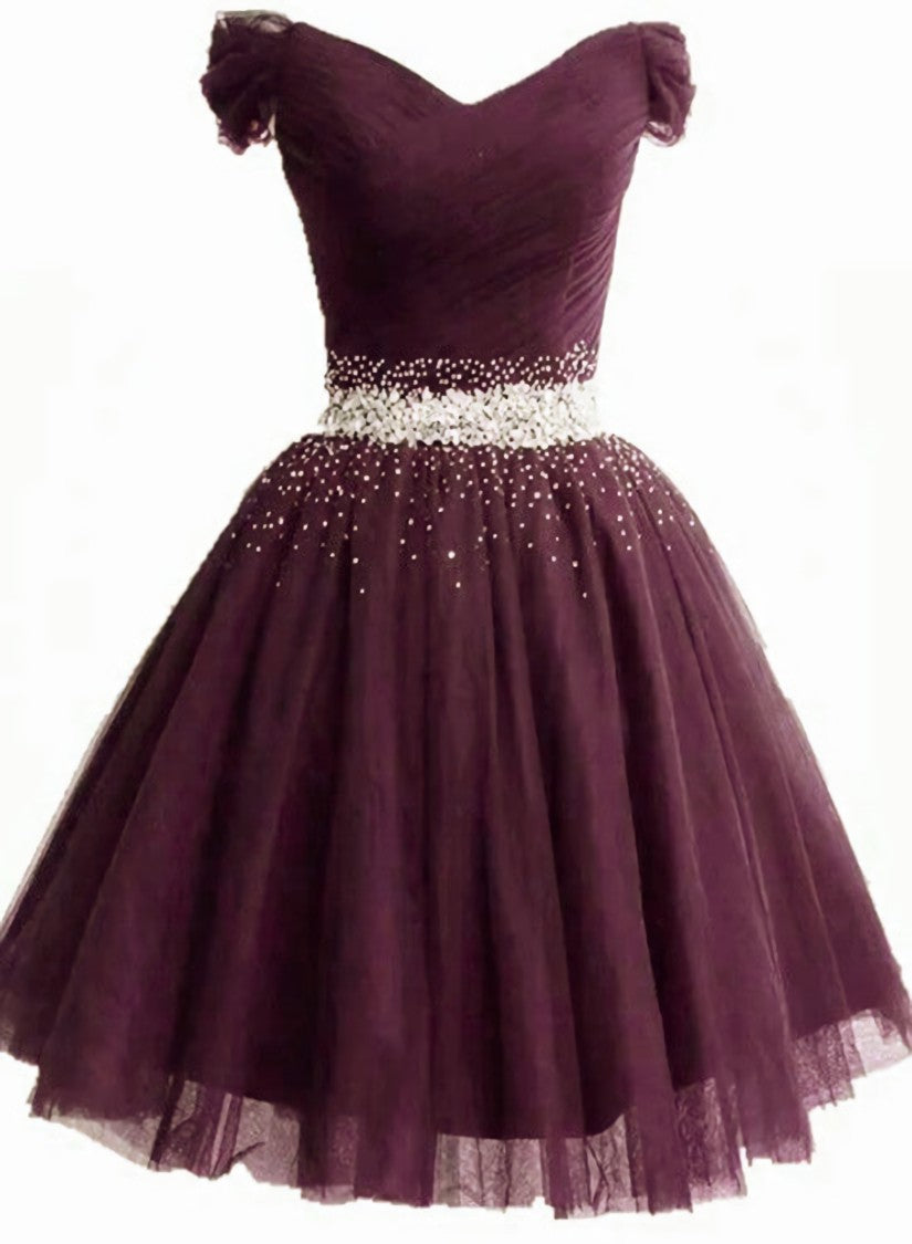 Maroon Off Shoulder Beaded Tulle Short Prom Dress Homecoming Dress, Cute Prom Dresses