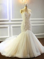 Mermaid Appliques Sweetheart Wedding Dresses Sleeveless Tulle Pleated Bridal Gowns