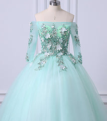 Mint Green Tulle Off Shoulder Long Sleeve Lace Applique Sweet 16 Prom Dress, Formal Dress