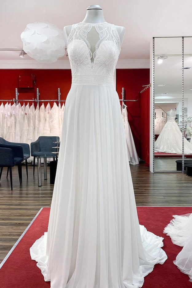 Modest Long A-line Chiffon Jewel Appliques Open Back Wedding Dress