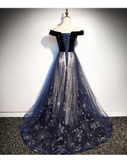 Navy Blue Floral Off Shoulder Velvet and Tulle Prom Dress, Blue Party Dress Formal Dress
