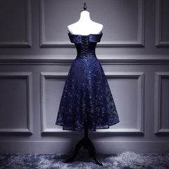 Navy Blue Lace Off Shoulder Wedding Party Dress Bridesmaid Dress,Blue Formal Dress