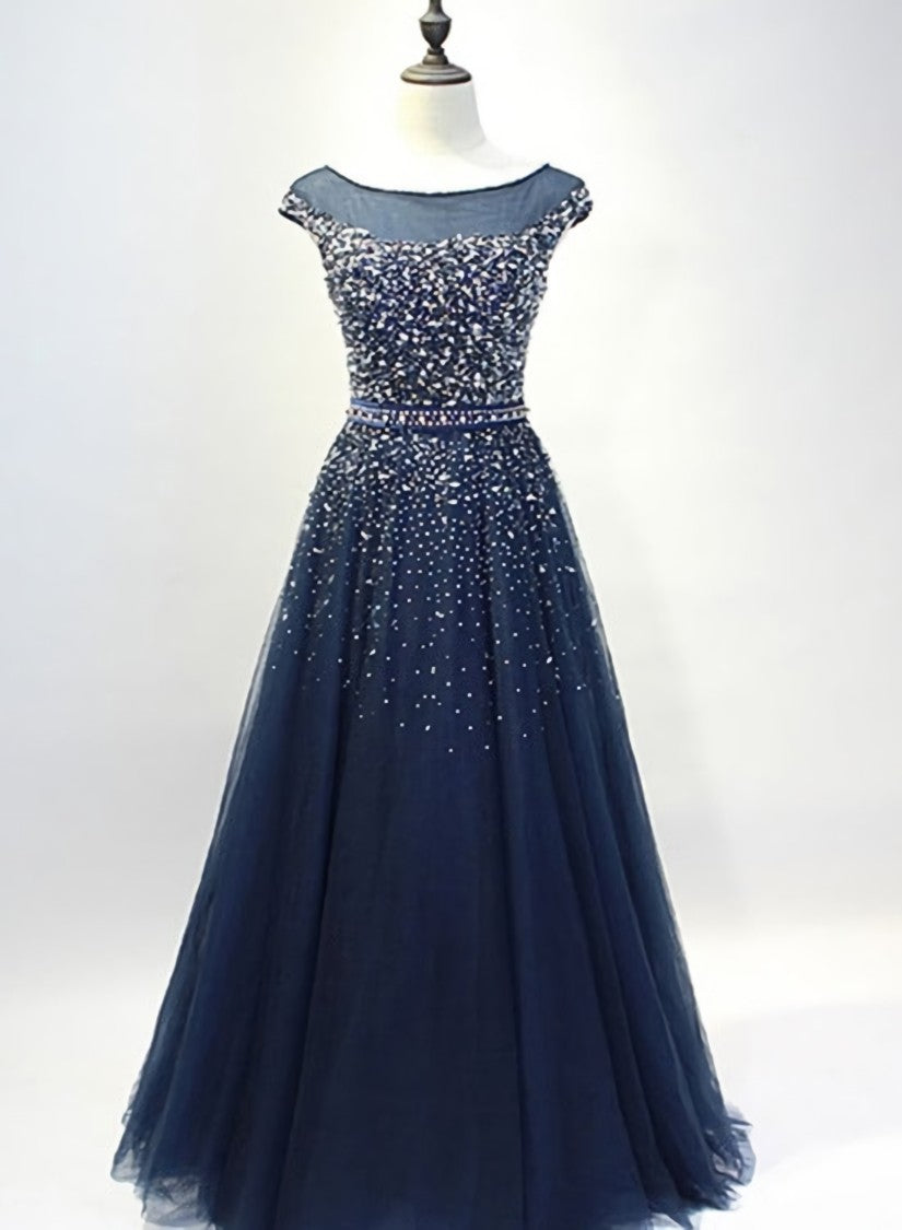 Navy Blue Shiny Sequins Round Neckline Tulle Party Dress, A-line Tulle Blue Evening Dress Prom Dress