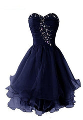 Navy Blue Sweetheart Short Homecoming Dress, Sparkly Crystal Organza Short Formal Dress