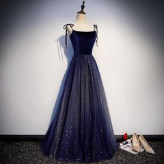 Navy Blue Tulle Straps Long Velvet Party Dress, Blue Prom Dress