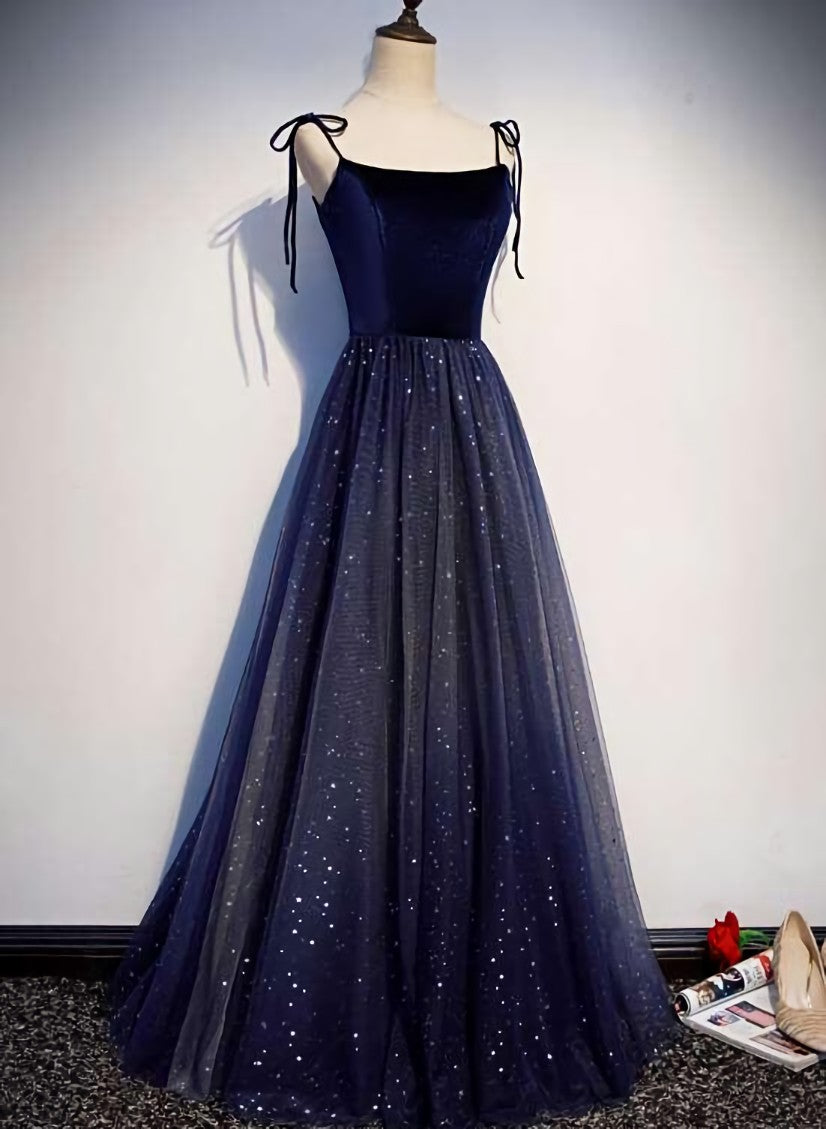 Navy Blue Tulle Straps Long Velvet Party Dress, Blue Prom Dress