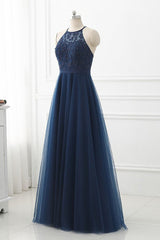 Navy Blue Tulle with Lace Applique Long Party Dress, Blue Prom Dress
