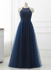 Navy Blue Tulle with Lace Applique Long Party Dress, Blue Prom Dress