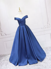Off Shoulder Blue Satin A-line Floor Length Prom Dress, Blue Simple Formal Dress