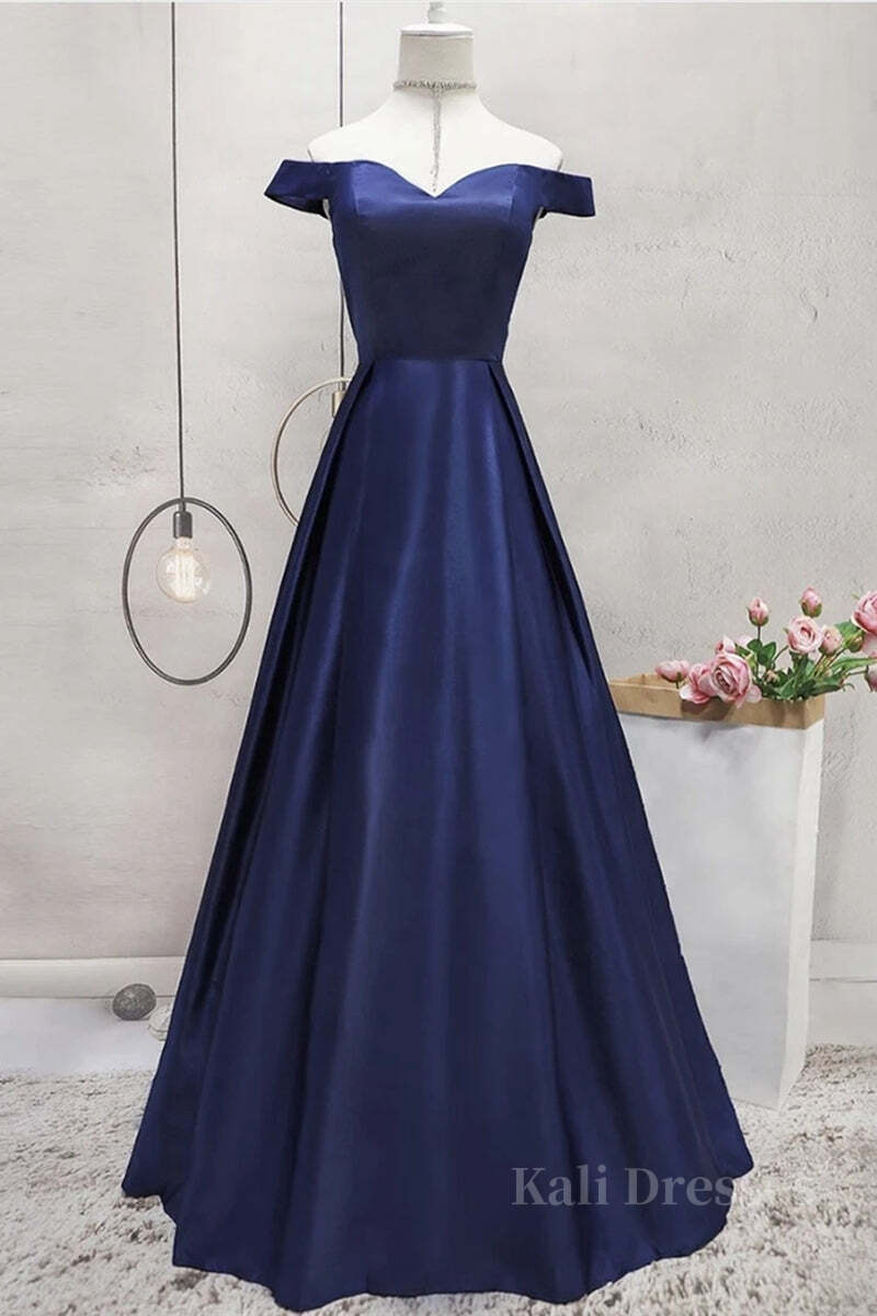 Off Shoulder Blue Satin Long Prom Dress, Off Shoulder Blue Formal Dress, Blue Evening Dress