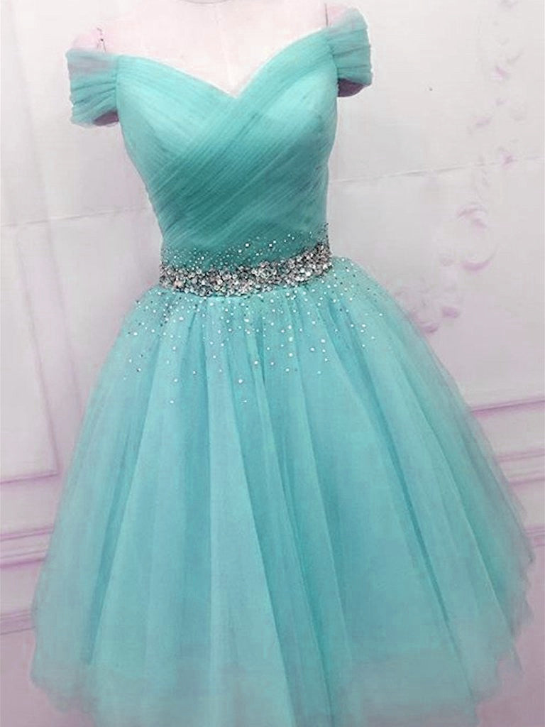 Off Shoulder Blue Tulle Prom Dresses, Cute Blue Homecoming Dresses