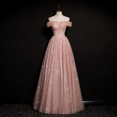 Off Shoulder Pink Tulle Long A-line Prom Dress with Beadings, Pink Long Party Dress Evening Dress