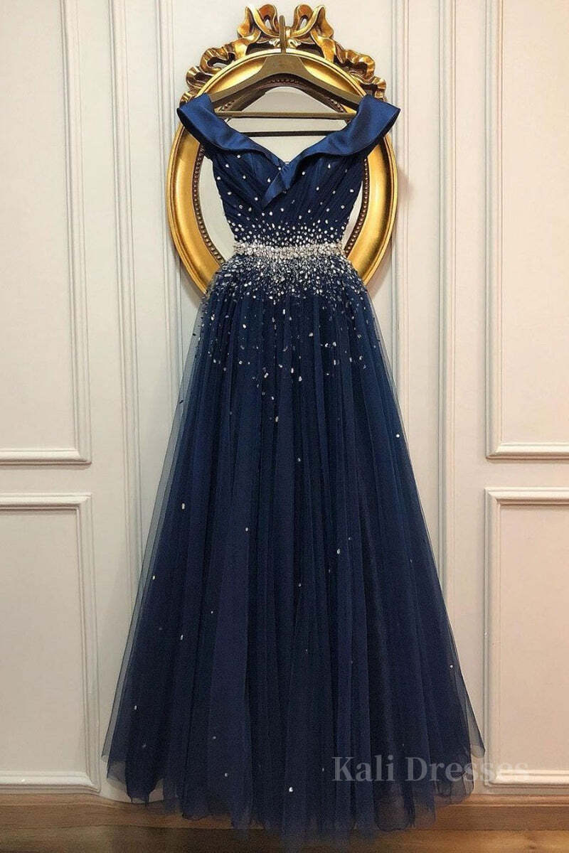 Off Shoulder Sequins Dark Blue Long Prom Dress, Dark Blue Formal Dress, Off Shoulder Evening Dress
