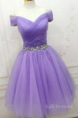 Off Shoulder Sequins Lilac Short Prom Dress Homecoming Dress, Off Shoulder Lilac Lavender Formal Graduation Evening Dress