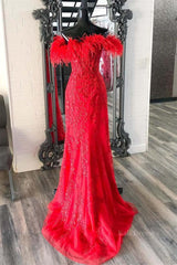 Off Shoulder V Neck Mermaid Red Lace Long Prom Dress with High Slit, Mermaid Red Formal Dress, Red Lace Evening Dress