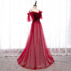 Off Shoulder Wine Red Velvet and Tulle Party Dress, A-line Tulle Floor Length Prom Dress
