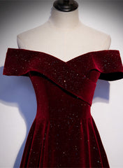 Off Shoulder Wine Red Velvet Long Party Dress, A-line Wine Red Evening Dress
