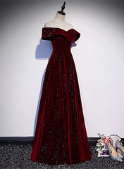 Off Shoulder Wine Red Velvet Long Party Dress, A-line Wine Red Evening Dress