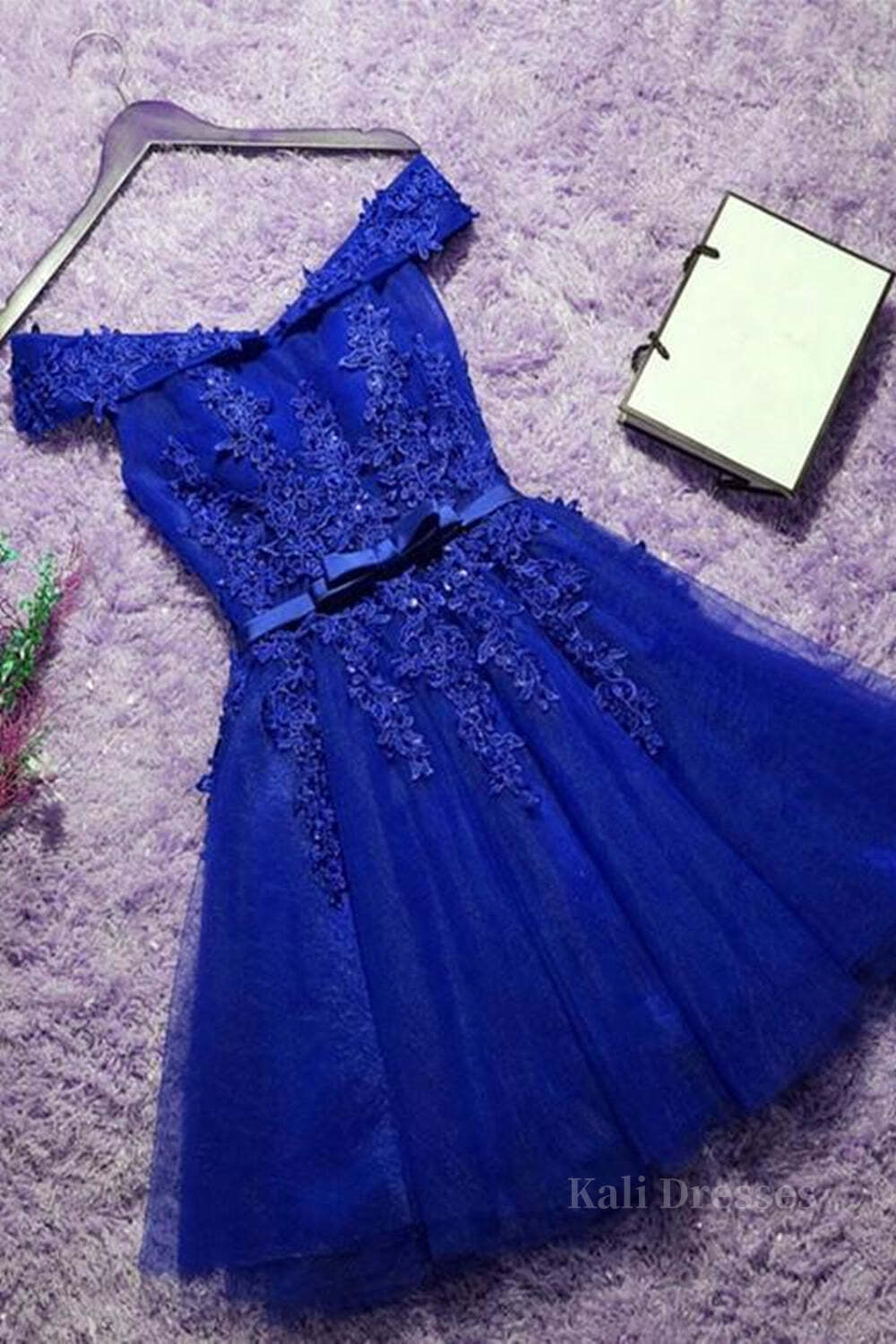 Off the Shoulder Blue Lace Prom Dresses, Off Shoulder Blue Homecoming Dresses, Short Blue Lace Formal Evening Dresses