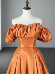 Off the Shoulder Orange Satin Long Prom Dresses, Orange Long Satin Formal Evening Dresses